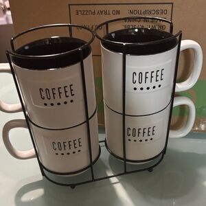 Set of 4 White Coffee Mugs with Stand